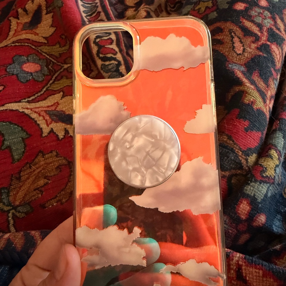 Iridescent Cloud Pattern iPhone 14 Plus Case with Pearl PopGrip - Orange